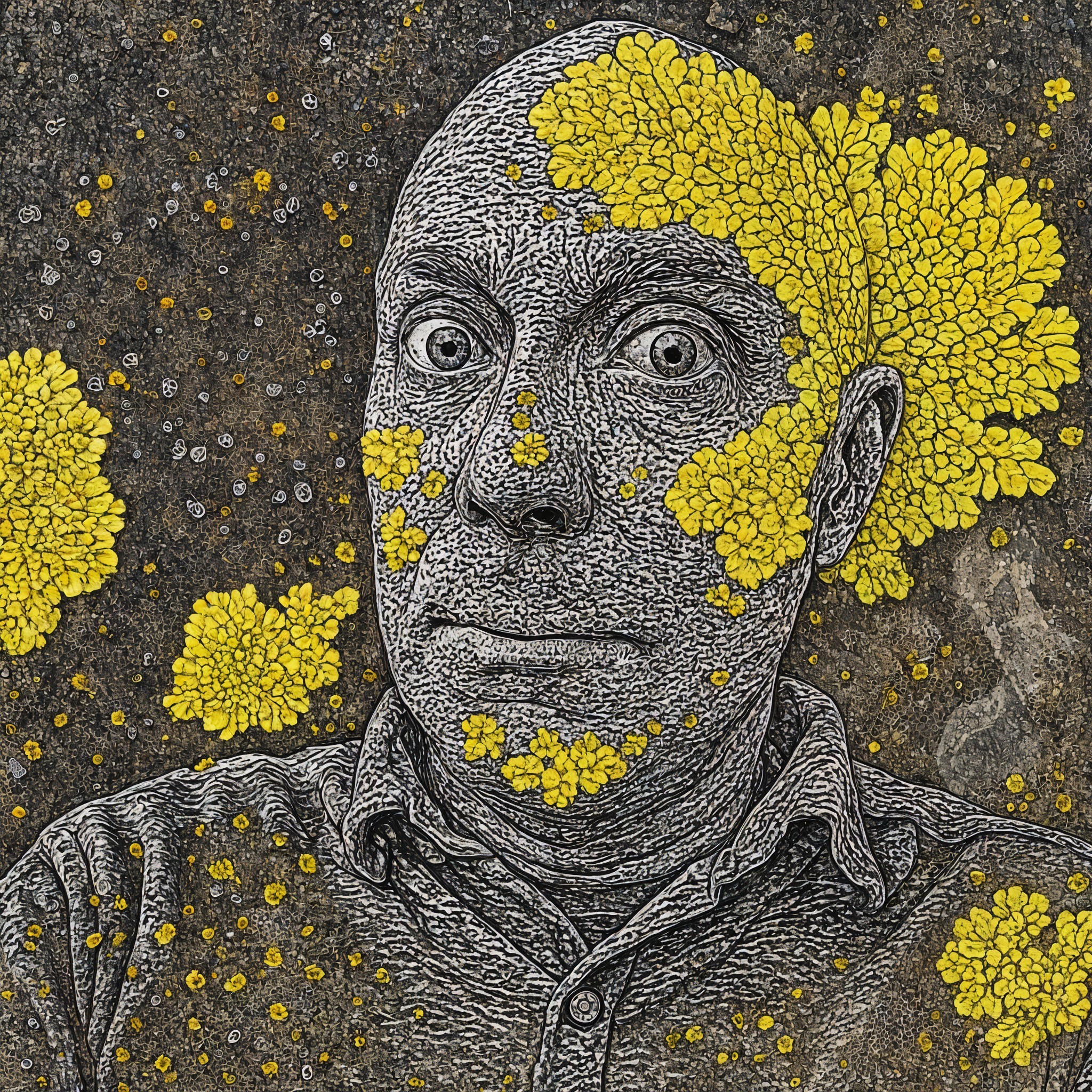 Textured Portrait of a Man with Yellow Flowers