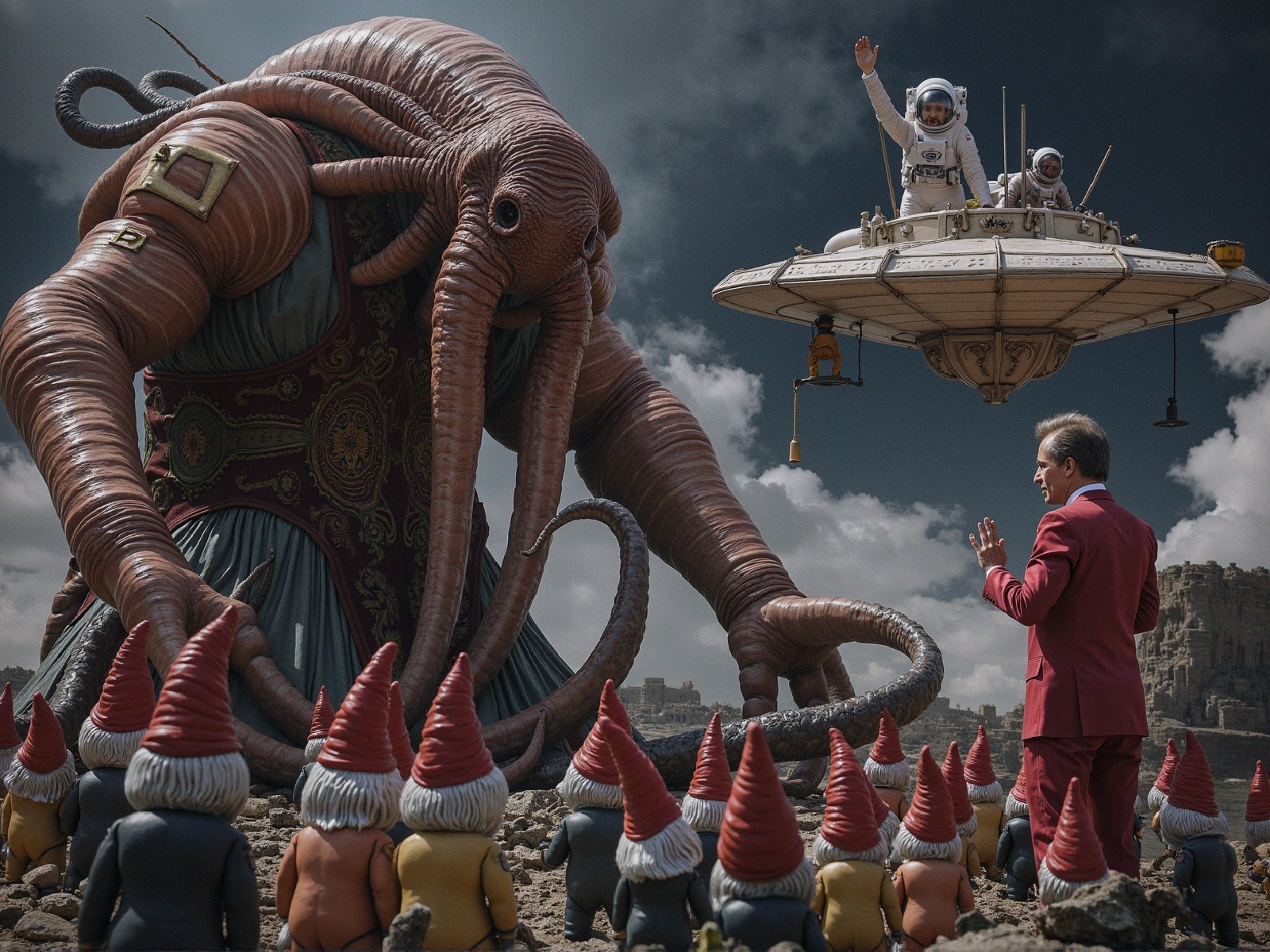 Surreal Landscape with Giant Creature and Gnomes