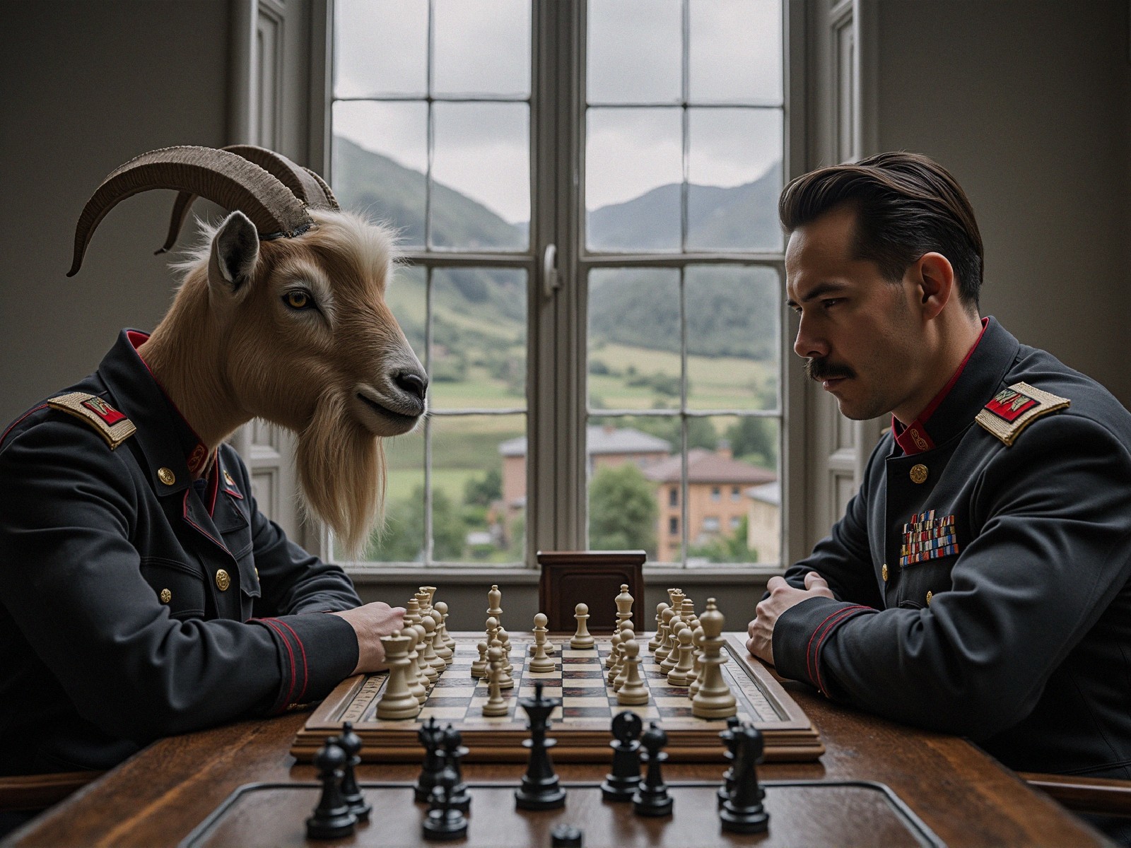 Military Man and Goat in Surreal Chess Match