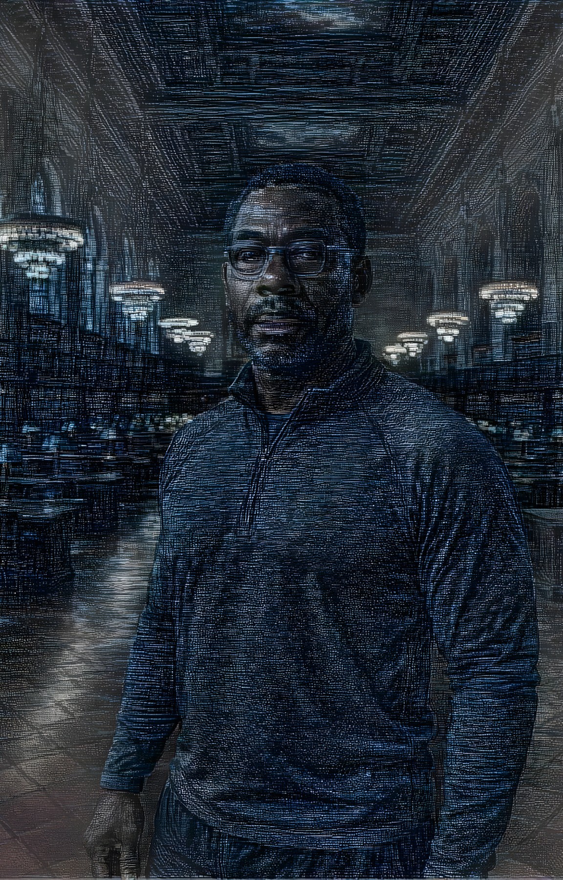 Man in a Grand Library with Bookshelves and Chandeliers