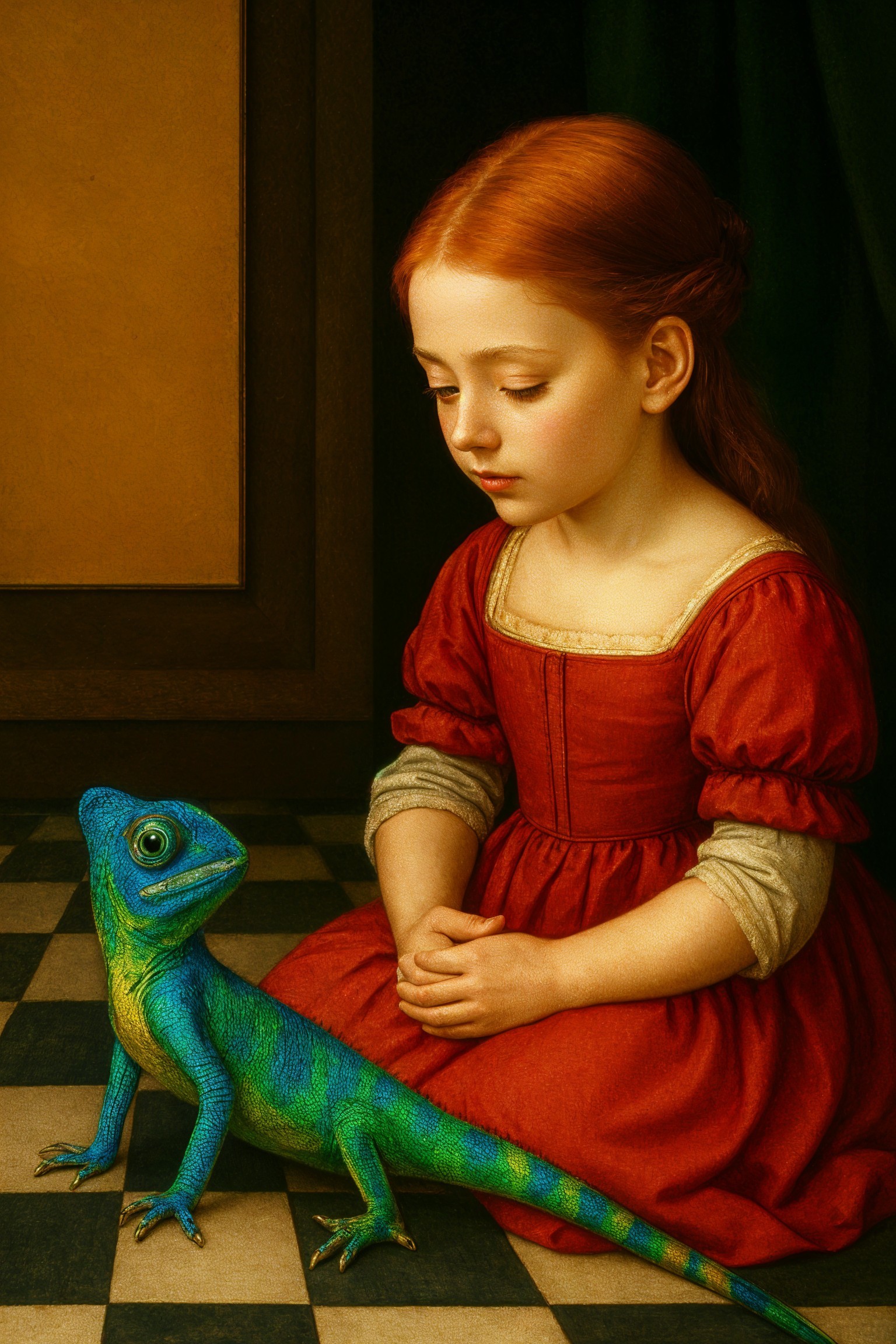 Young girl in red dress observing colorful lizard