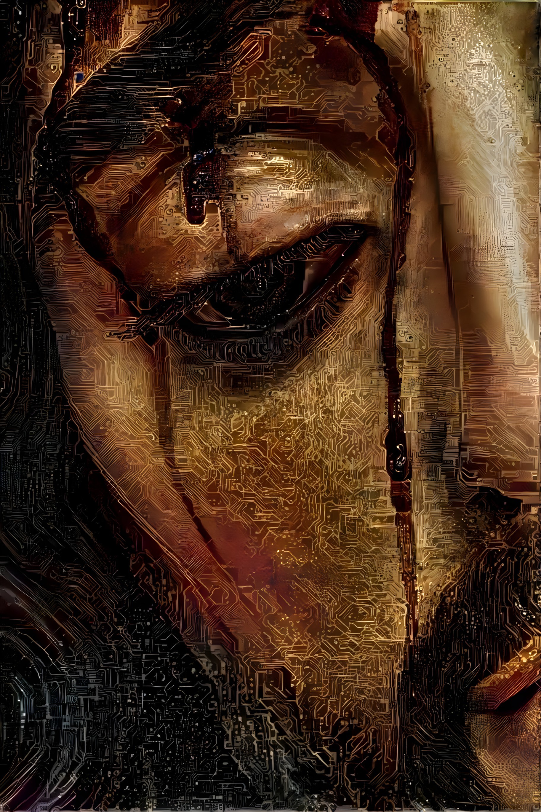 Close-up of a face blending human and technological features