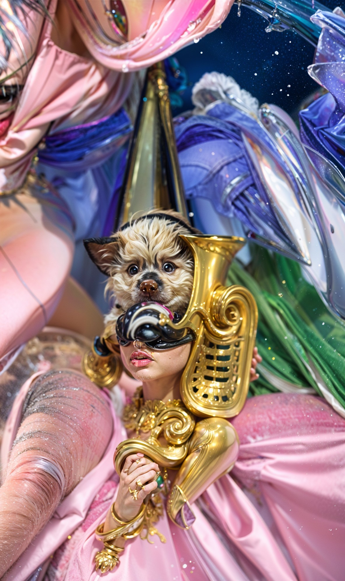 Whimsical Colorful Scene with Woman and Dog Interaction