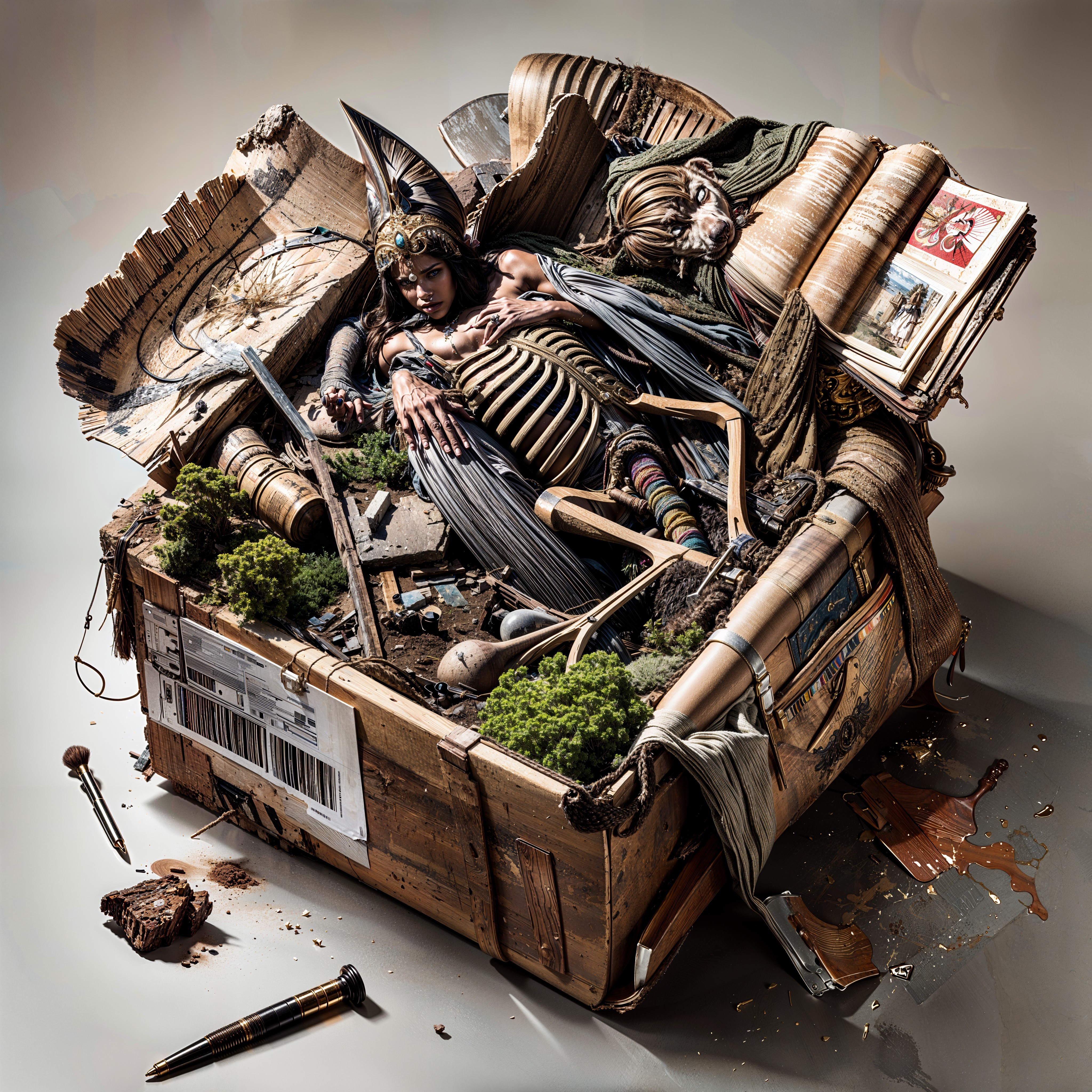 Surreal Composition of Figure in Wooden Crate with Nature