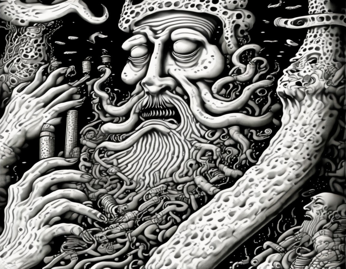 Surreal monochromatic portrait of an old man with patterns