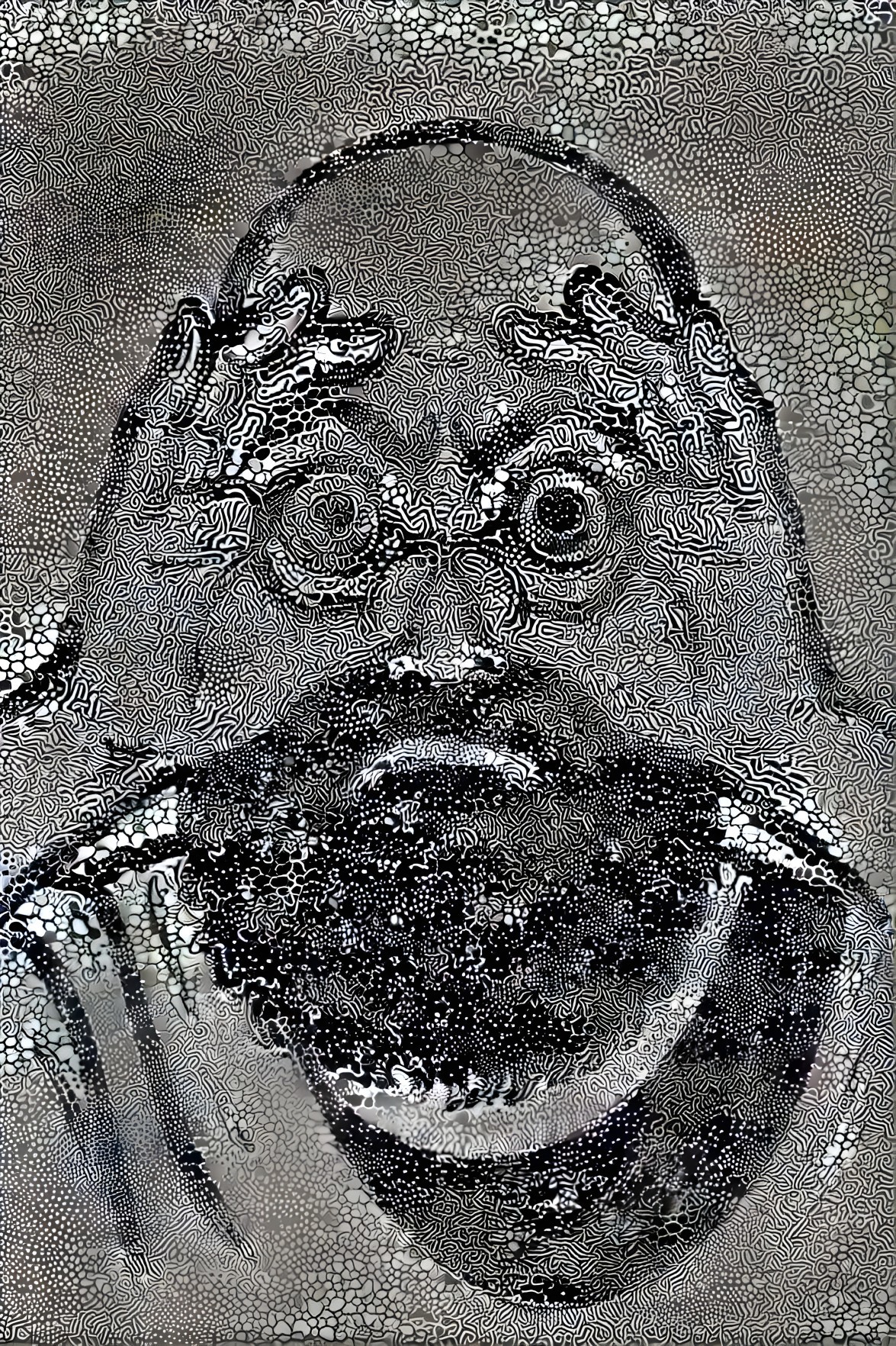 Stylized Black-and-White Portrait with Intricate Background
