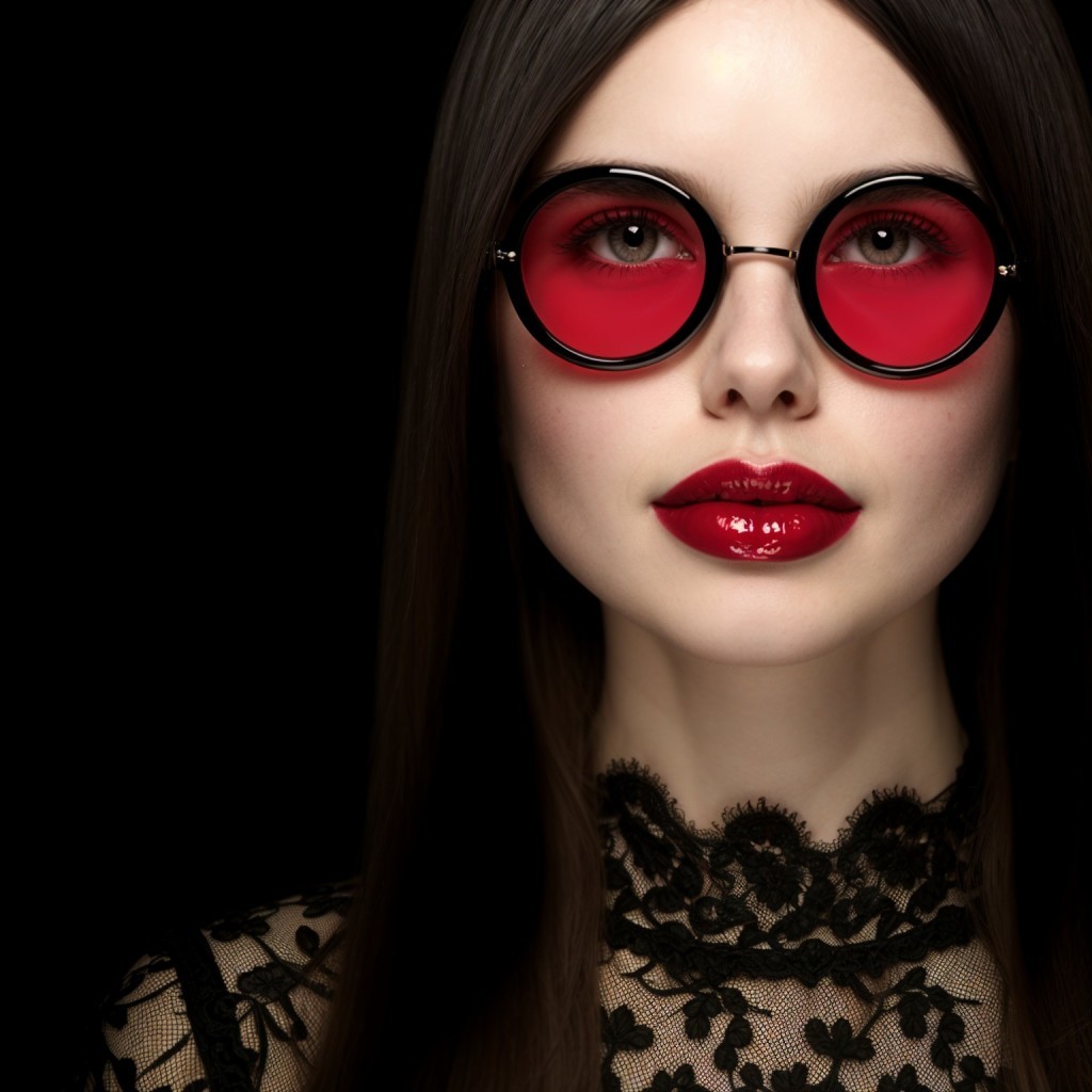 Portrait of a Woman with Bold Red Lips and Sunglasses