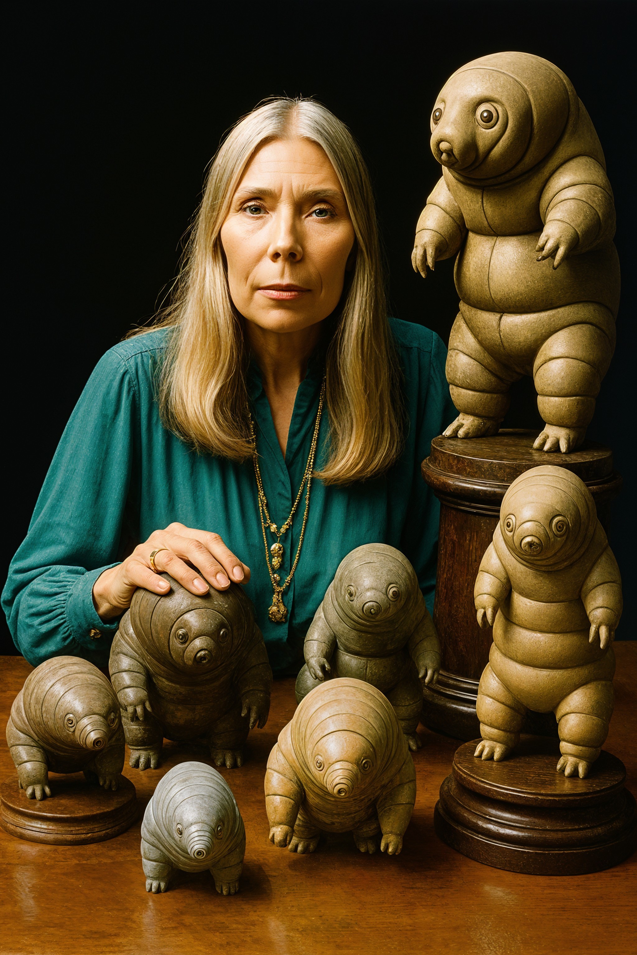 Woman with Bear Sculptures at a Wooden Table