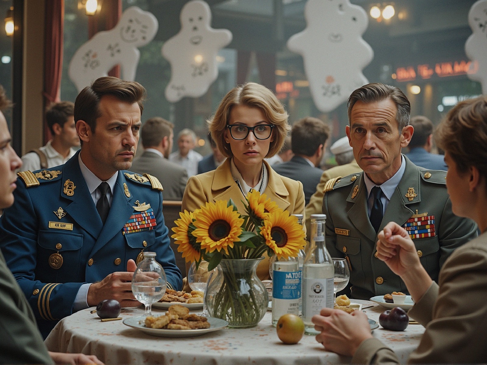 Tense Gathering of Four in Decorated Restaurant Setting