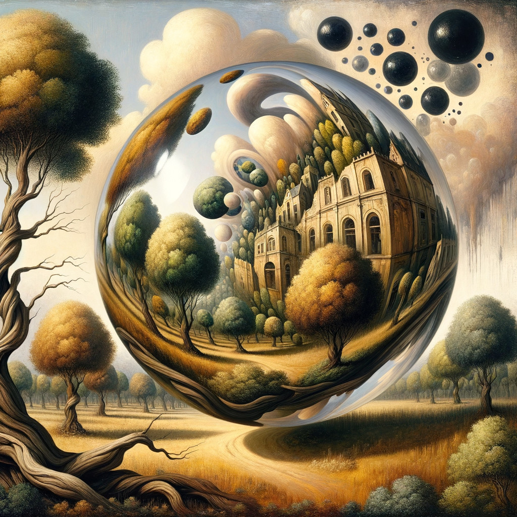 Surreal Landscape with Reflective Orb and Whimsical Scene
