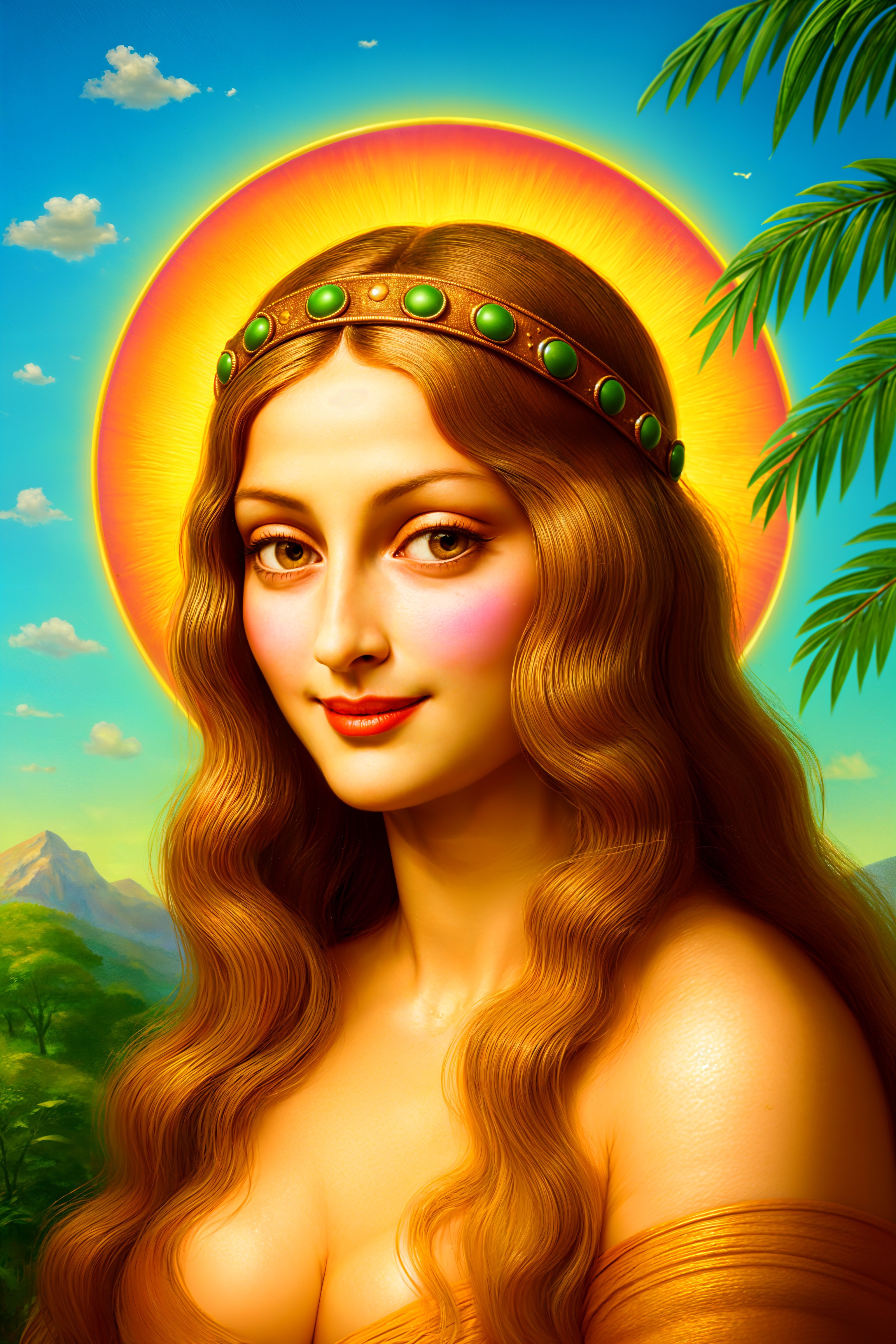 Stunning woman in golden light with tropical backdrop