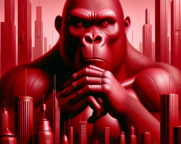 Muscular Gorilla in Futuristic Red Cityscape