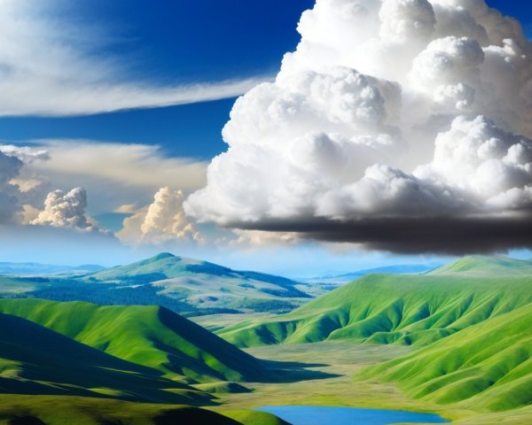 Serene Landscape with Green Hills and Tranquil Lake