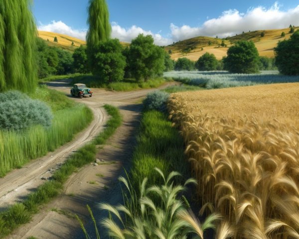 Serene Rural Landscape with Winding Road and Fields