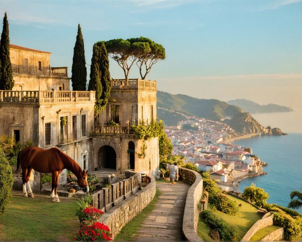 Grand Stone Manor Overlooking Coastal Town and Sea