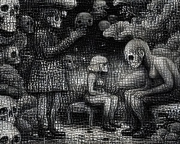 Eerie Painting of Skeletal Figures and Skulls