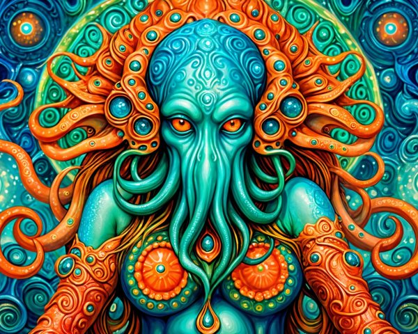 Surreal depiction of a colorful mythical sea creature