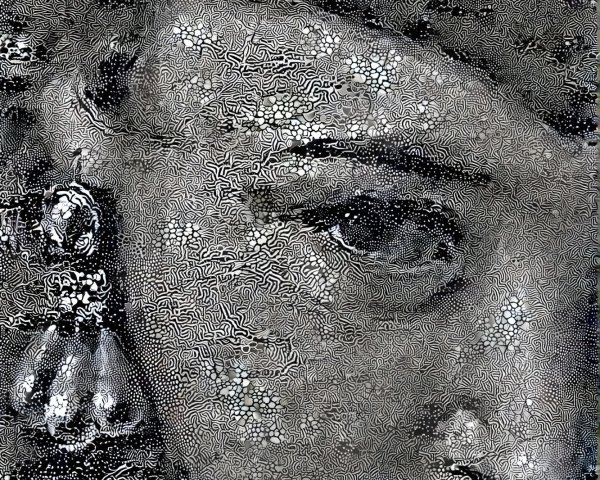 Black-and-White Portrait with Abstract Patterns and Depth