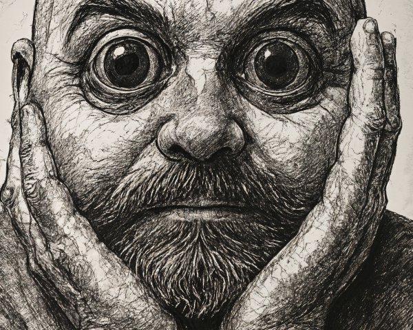 Close-up of a man's face in black and white illustration