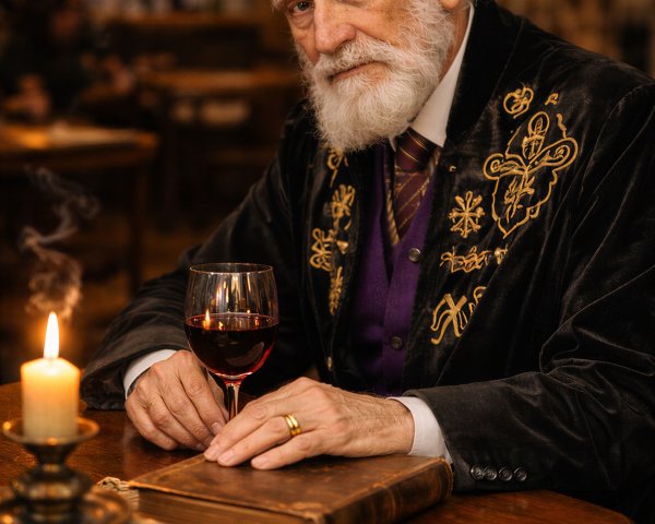 An older man in a velvet jacket at a wooden table