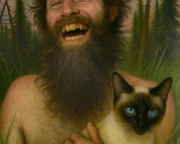 Cheerful man with Siamese cat in natural setting