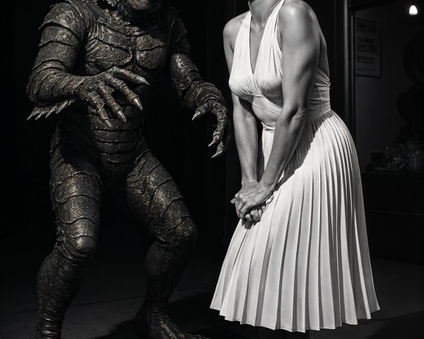 Glamorous Woman and Monstrous Creature in Urban Scene