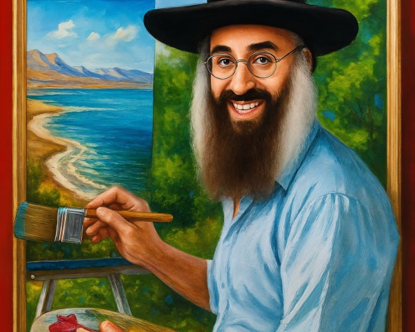 Cheerful Painter with Vibrant Palette and Scenic Canvas