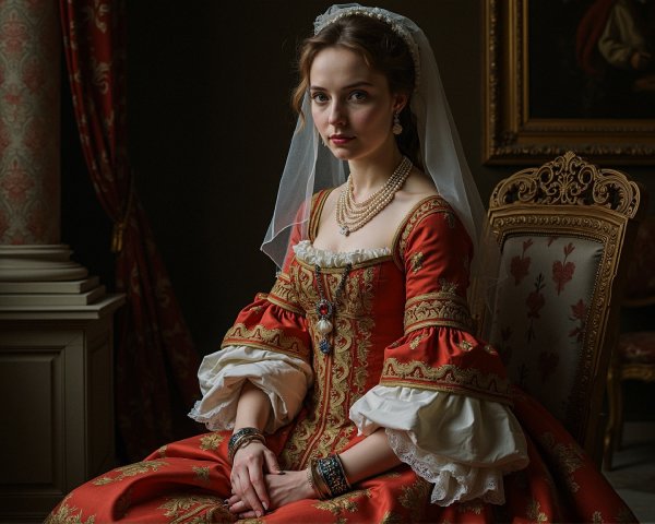 Young Woman in Lavish Red Gown in Historical Setting
