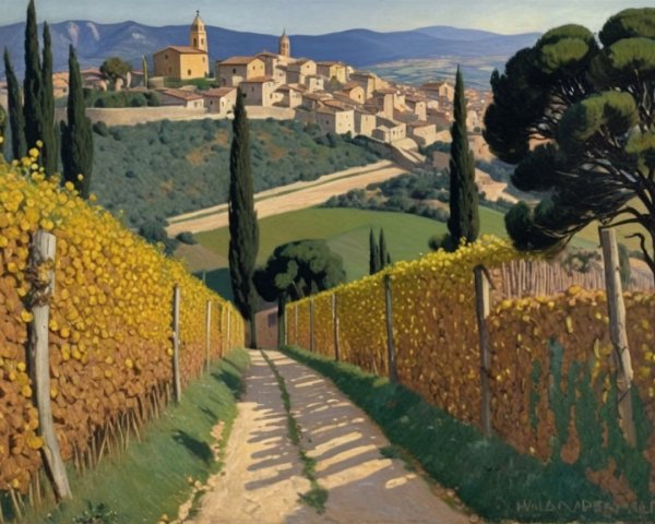 Vibrant Vineyard Landscape with Charming Village View