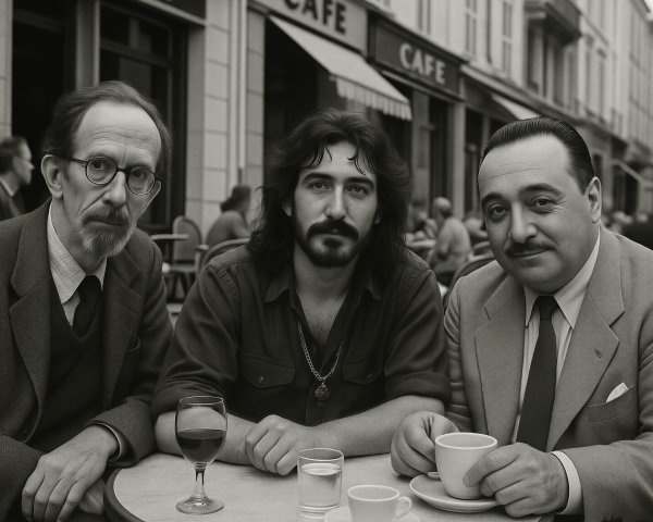 Three Men at Outdoor Café Table with Distinct Styles