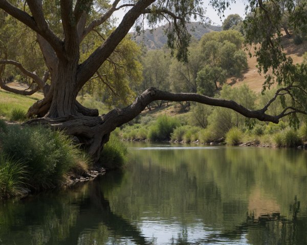 Serene landscape with river and ancient tree in hills