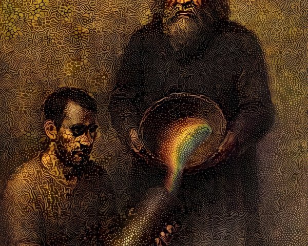 Mystical Scene with Figures and Colorful Light Effects