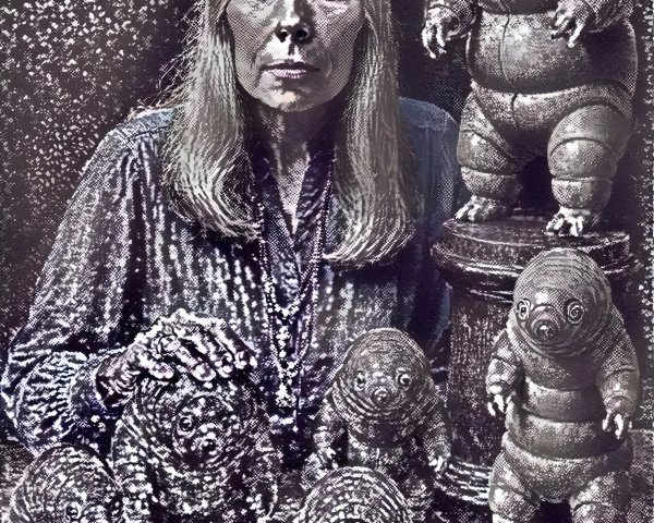 Woman Surrounded by Whimsical Teddy Bear-Like Creatures