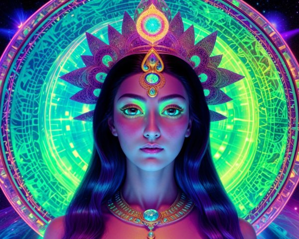Digital Portrait of a Regal Figure with Halo Patterns