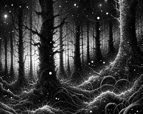 Ethereal Forest with Twisted Trees and Radiant Stars