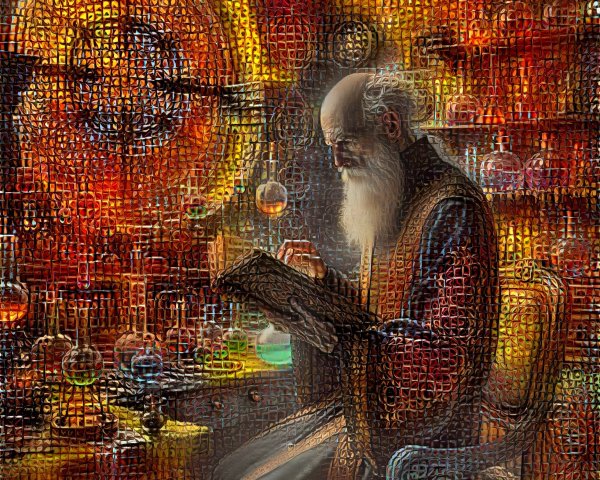 Cubist Painting of a Wizard in a Laboratory Setting