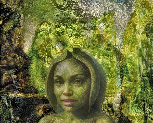 Fantastical figure with textured green reptilian skin