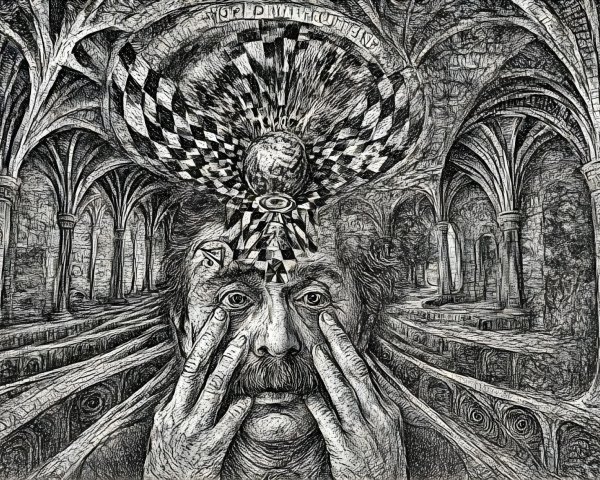 Surreal Artwork with Contemplative Figure and Architecture