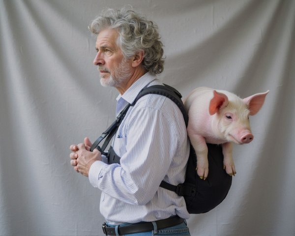 Profile of a man with a piglet in a backpack
