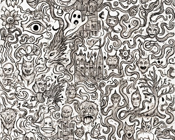 Surreal Illustration with Intricate Figures and Motifs