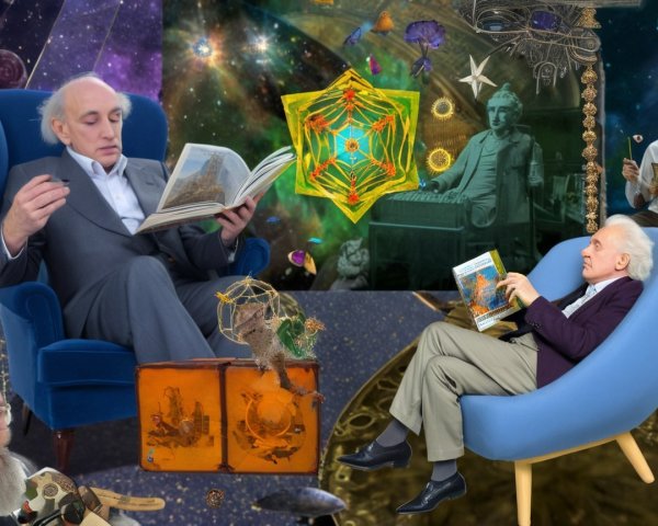 Surreal Scene with Two Men Reading in Cosmic Setting