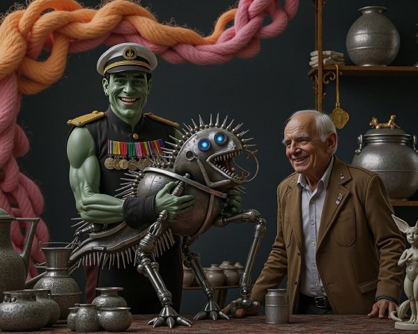 Green-Skinned Character with Robot and Elderly Man