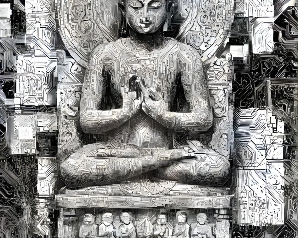 Stylized Buddha with Digital Circuit Patterns