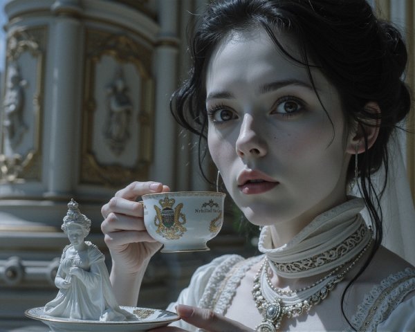 Young Woman in Vintage Gown with Porcelain Tea Set
