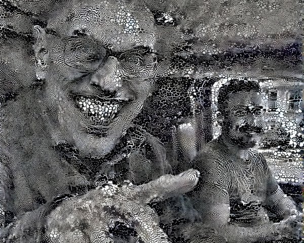 High-contrast abstract depiction of two individuals in a vehicle