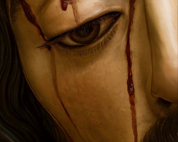 Close-up of a detailed sculpted face with blood tears