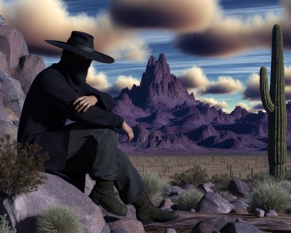 Mysterious Figure Overlooking Desert Landscape and Mountains