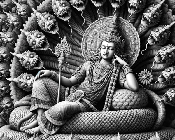 Serene Figure Surrounded by Serpent Heads and Halo