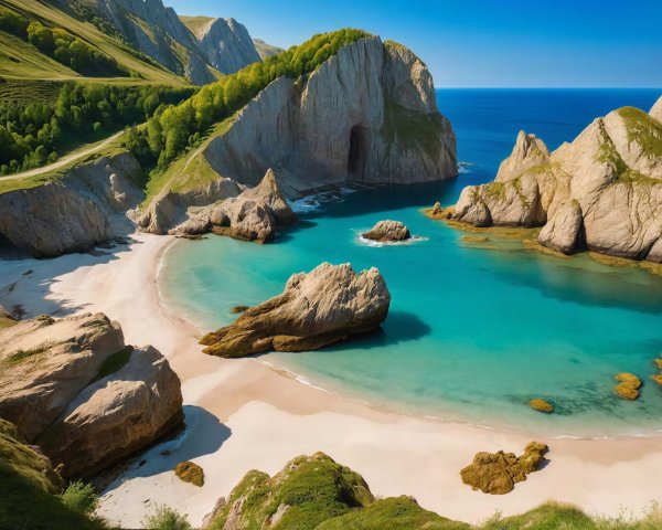 Picturesque Beach Surrounded by Cliffs and Hills