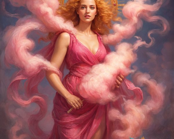 Majestic Figure in Pink Gown Surrounded by Clouds